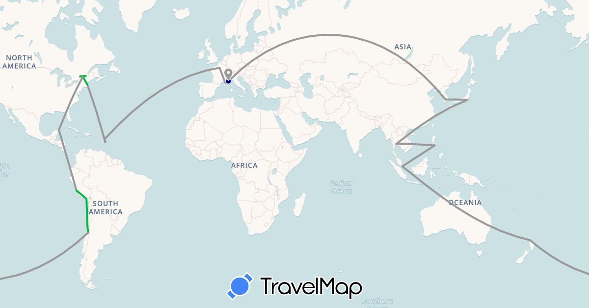 TravelMap itinerary: driving, bus, plane in Canada, Chile, France, Guadeloupe, Japan, South Korea, Martinique, Mexico, New Zealand, Peru, Philippines, Singapore, Thailand, United States (Asia, Europe, North America, Oceania, South America)
